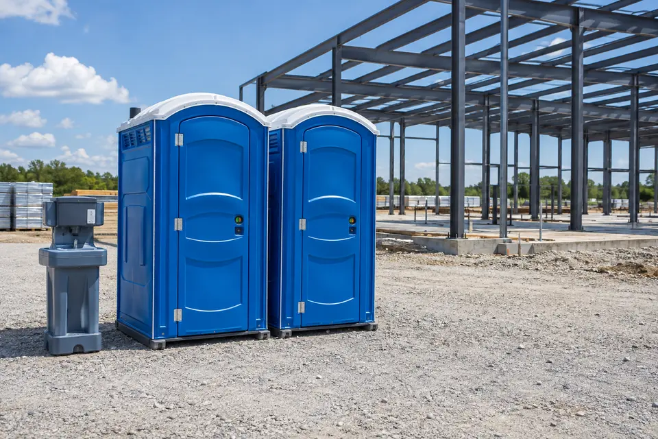 Portable toilets and handwashing beside a construction project