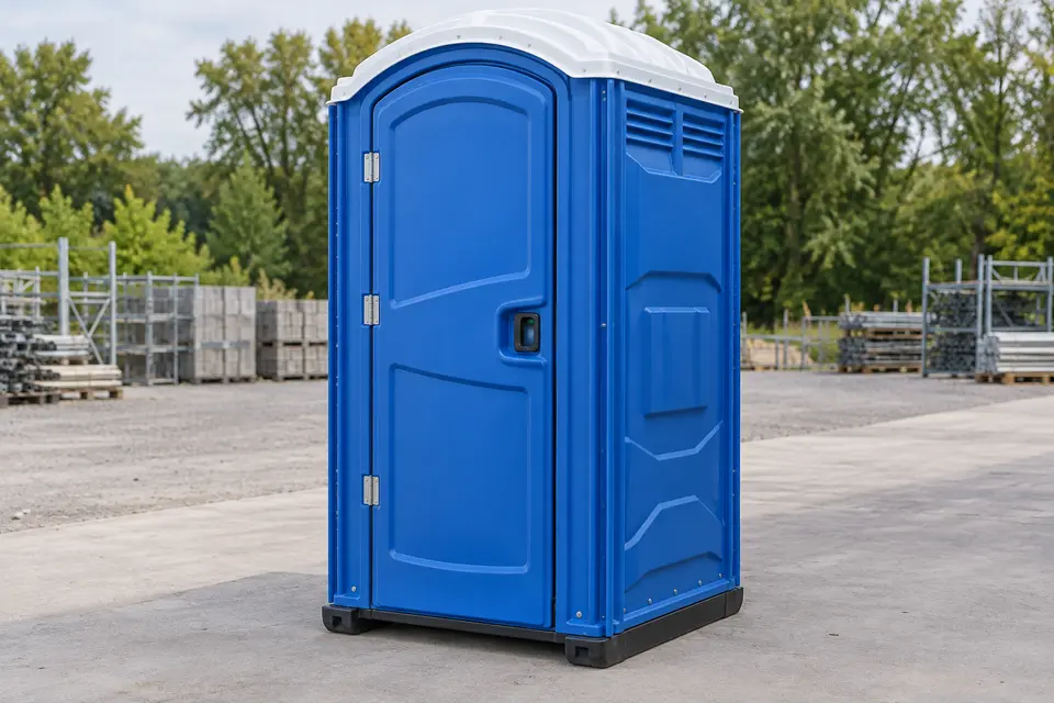 Blue standard porta potty with full cabin visible